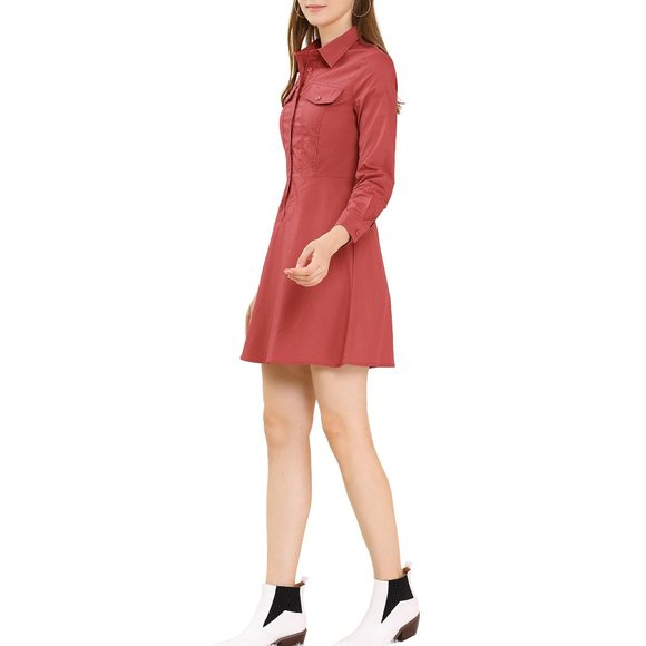 Allegra K Women's Cotton Casual Solid Long Sleeve Vintage Style Shirt Dress  XS - Picture 2 of 11